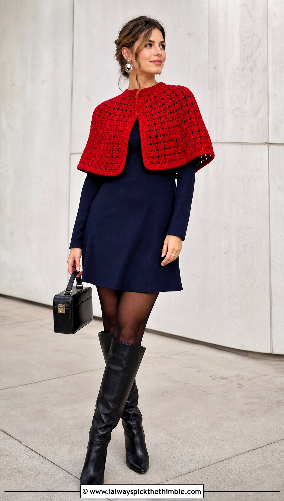 Cropped Crochet Capelet With A Mini Dress And Tall Boots - 25 crochet cape outfit ideas