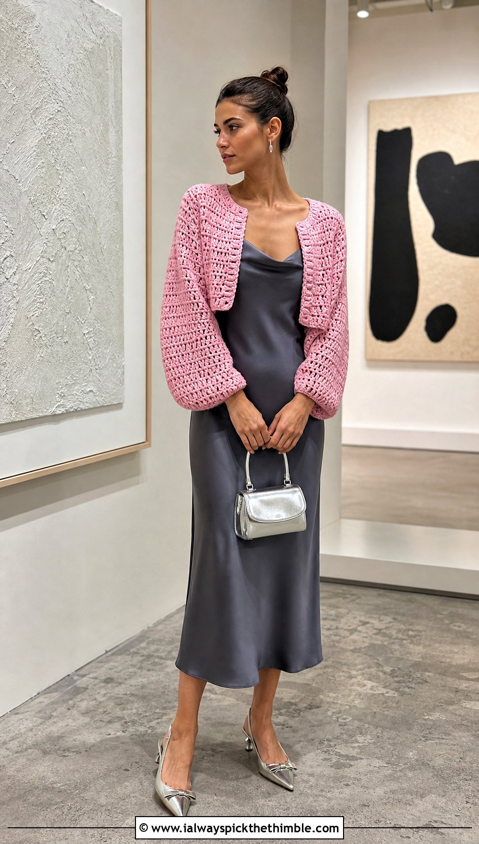Cropped Crochet Cardigan Over Shoulders With Slip Dress - 20 Crochet Over The Shoulder Sweater outfit ideas