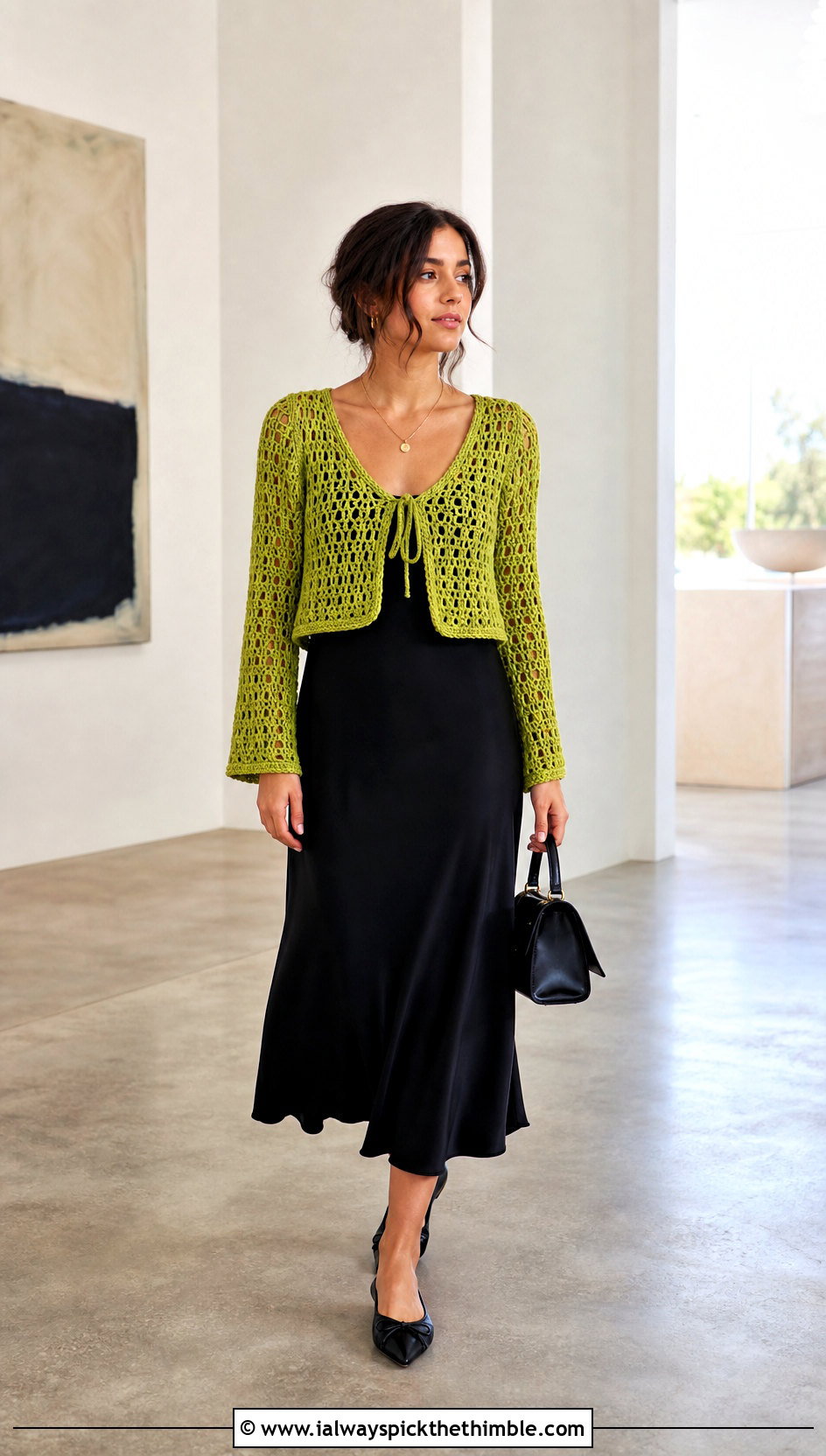 Cropped Crochet Cardigan Sweater With Bias Cut Dress - 25 easy crochet sweater outfit ideas
