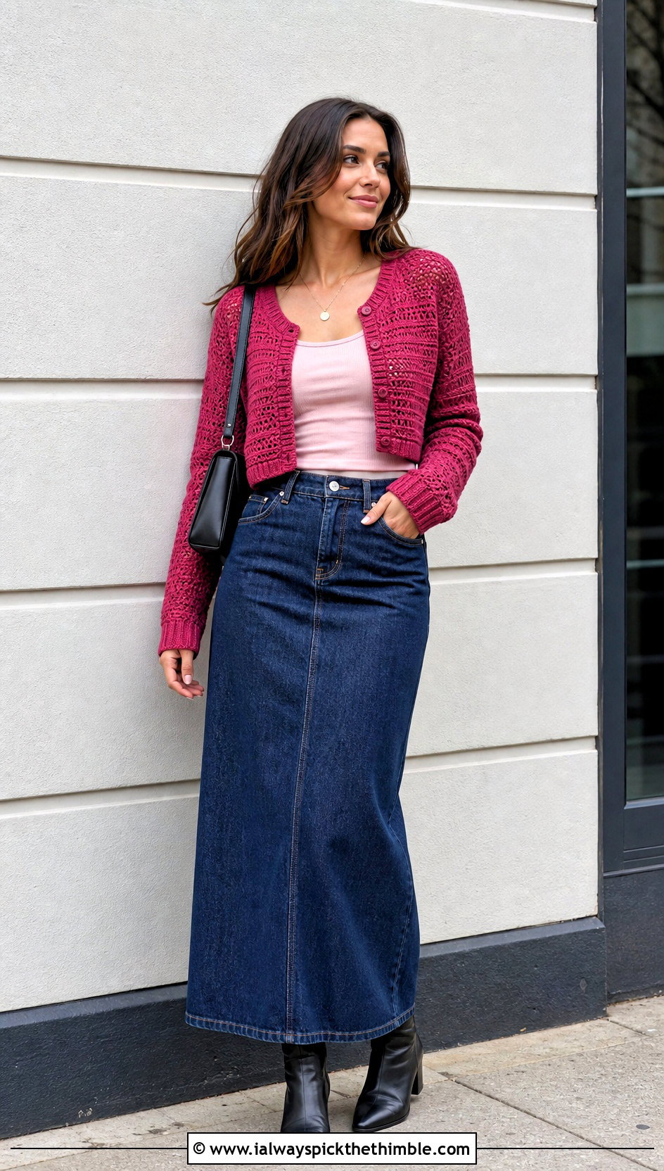 Cropped Crochet Cardigan With Denim Maxi Skirt - 25 cropped crochet sweater outfit ideas