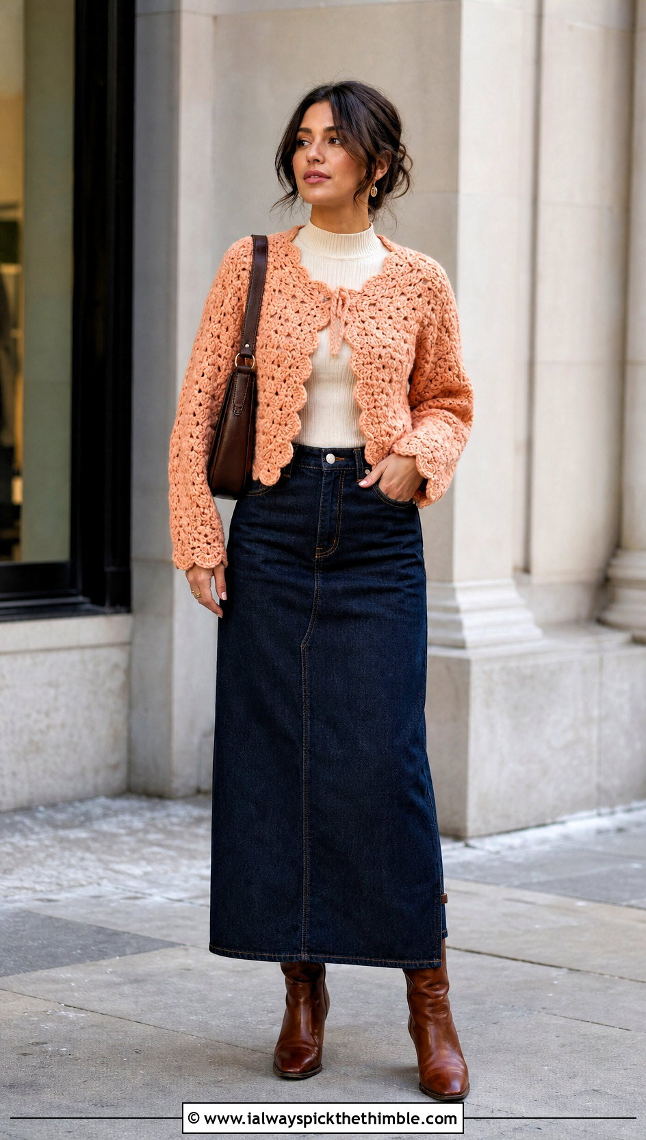 Cropped Crochet Cardigan With Denim Maxi Skirt - 25 Crochet Winter Outfits ideas