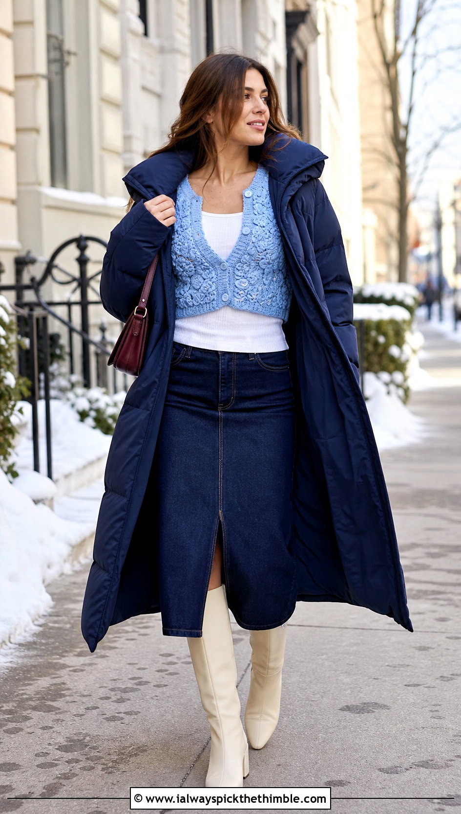 Cropped Crochet Cardigan With Denim Midi Skirt - 20 winter crochet clothes ideas