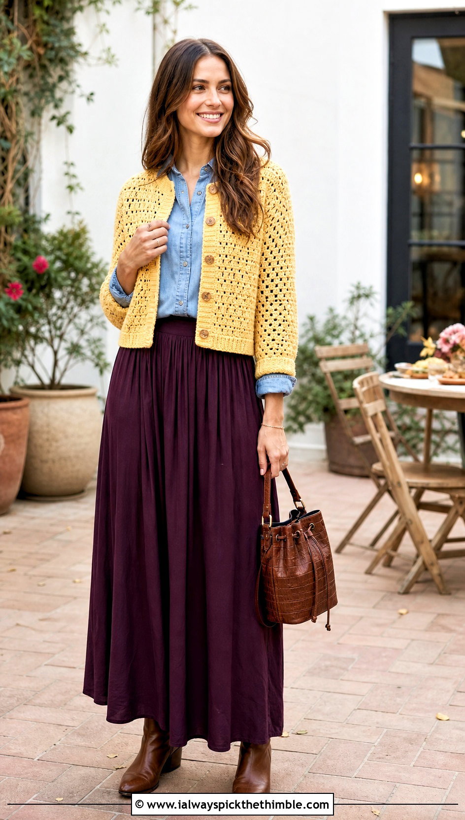 Cropped Crochet Cardigan With Denim Shirt And Maxi Skirt - 25 fall crochet sweater outfit ideas