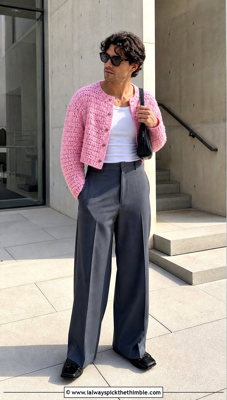 Cropped Crochet Cardigan With High Waisted Trousers - 20 men's crochet cardigan outfit ideas