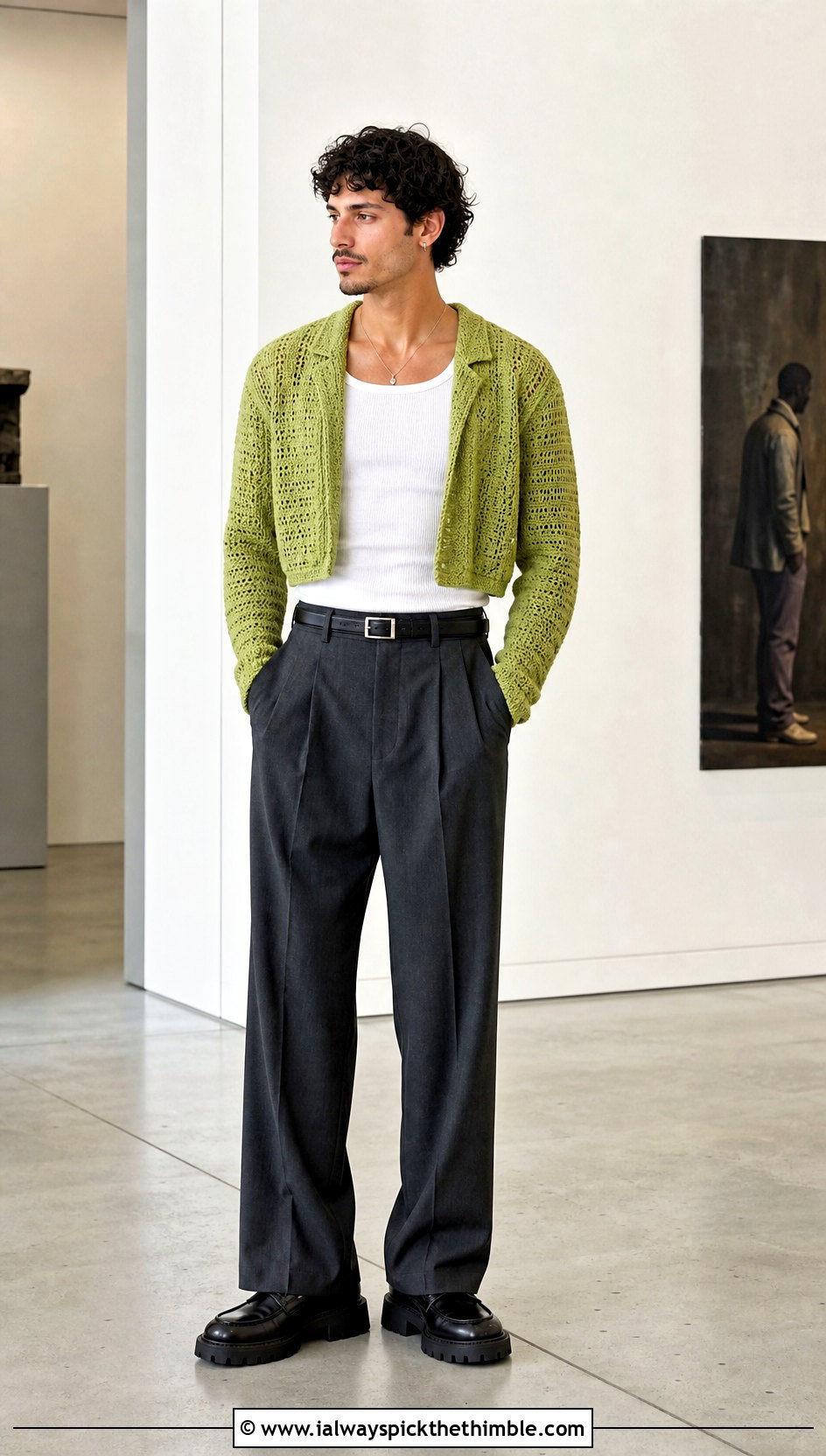 Cropped Crochet Cardigan With High Waisted Trousers - 20 mens crochet cardigan sweater outfit ideas