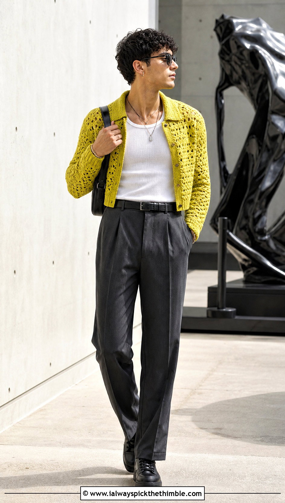 Cropped Crochet Cardigan With High Waisted Trousers - 20 crochet man cardigan outfit ideas