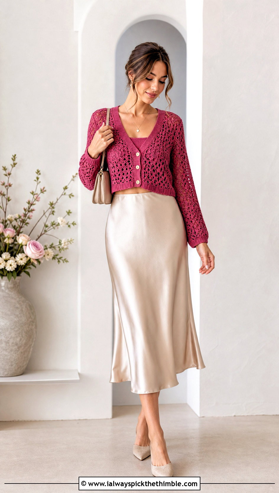 Cropped Crochet Cardigan With Satin Midi Skirt - 20 crochet clothing ideas