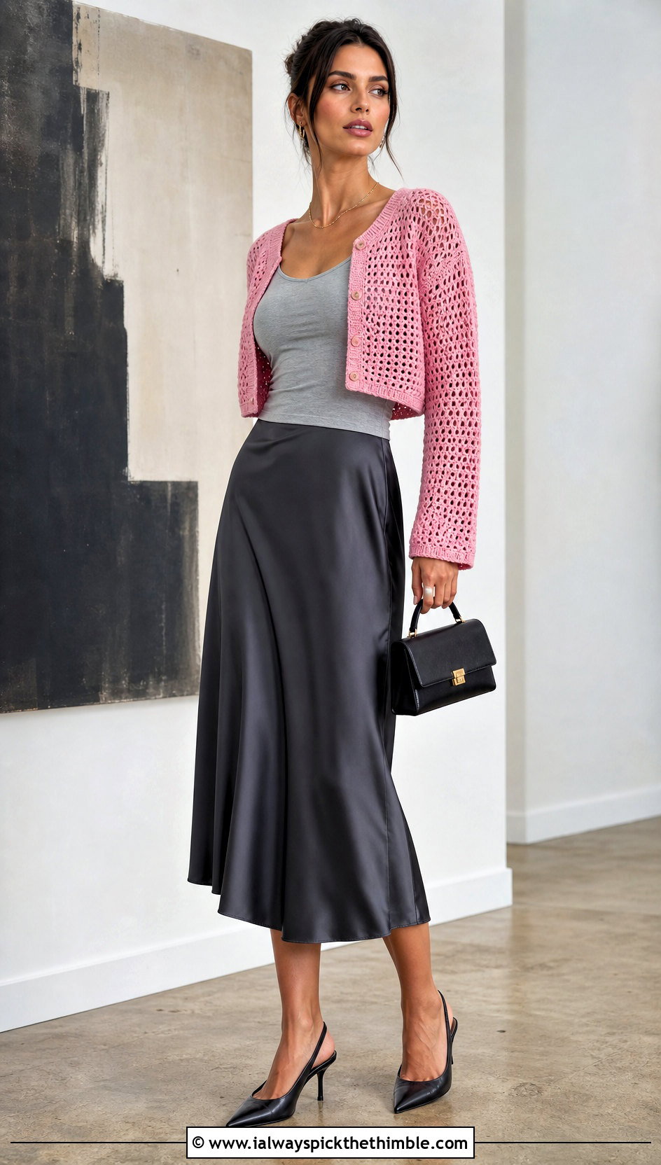 Cropped Crochet Cardigan With Satin Midi Skirt - 15 Crochet Womens Cardigans outfit ideas