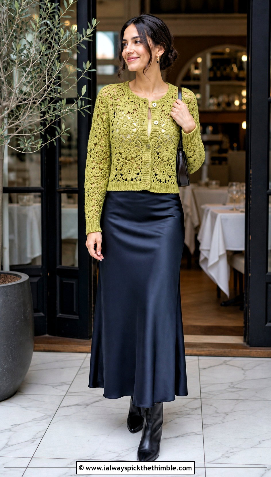 Cropped Crochet Cardigan With Satin Slip Skirt - 20 Crochet 90S Outfit ideas