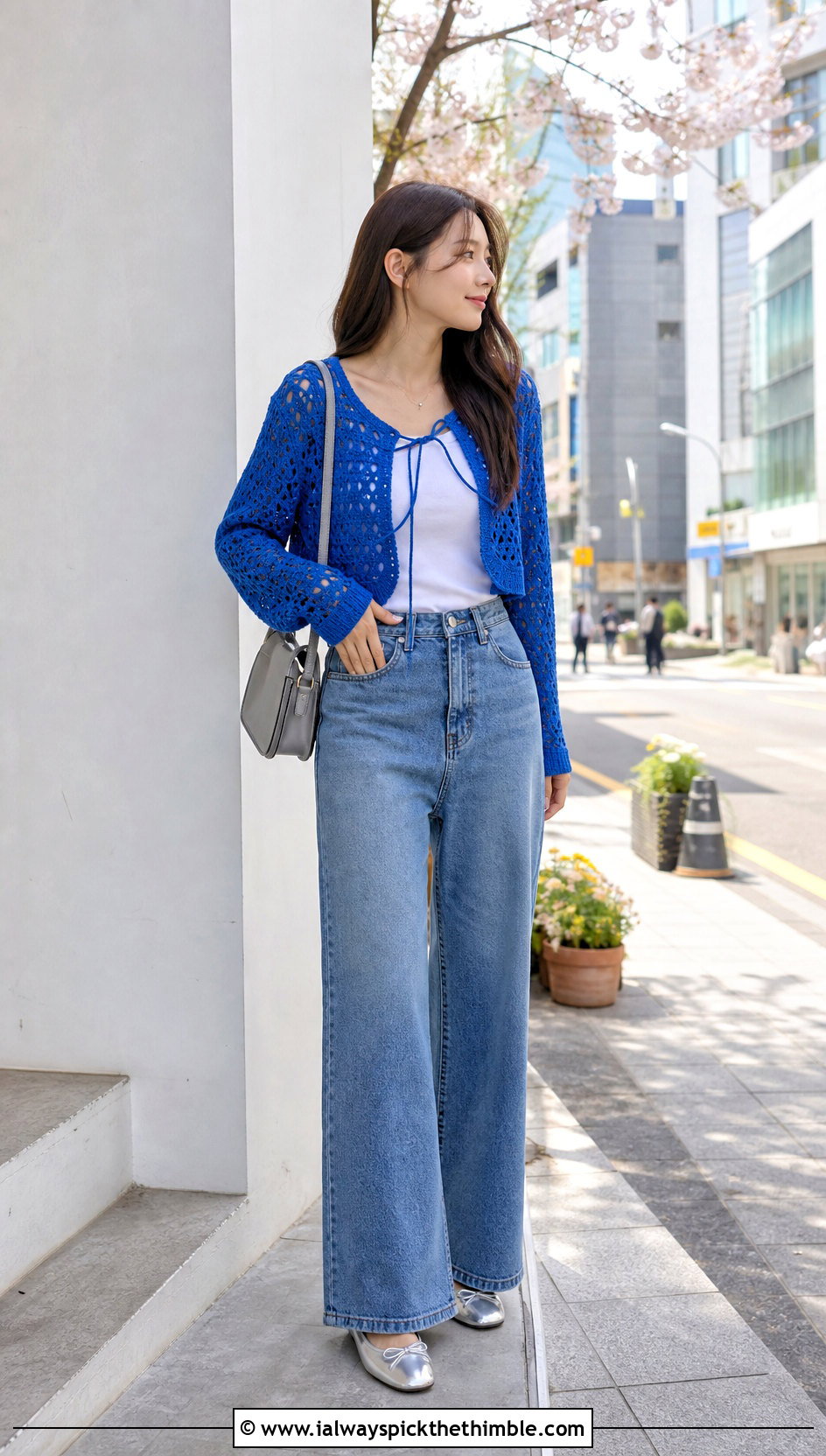 Cropped Crochet Cardigan With Wide Leg Jeans - 20 korean crochet outfits ideas