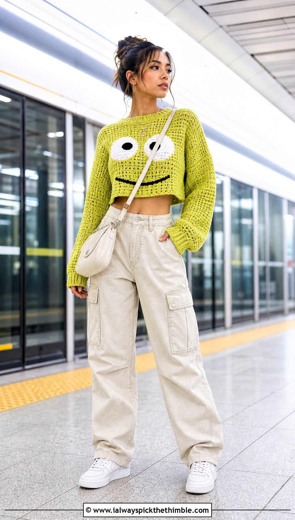 Cropped Crochet Character Sweater With Cargo Pants - 20 Crochet Character Sweater outfit ideas