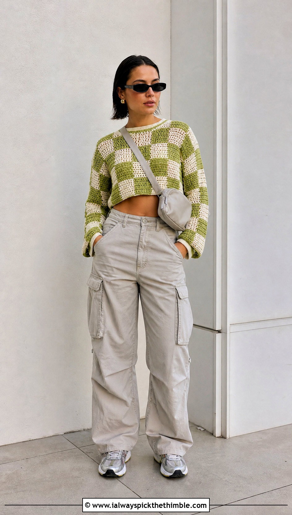 Cropped Crochet Checker Sweater With Cargo Pants - 20 Crochet Checker Sweater outfit ideas
