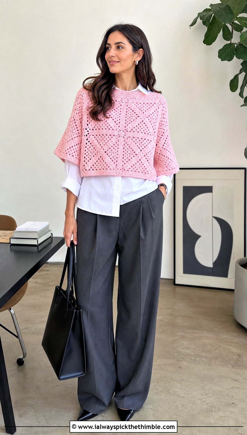 Cropped Crochet Clint Eastwood Poncho With Wide Leg Trousers - 15 Crochet Clint Eastwood Poncho outfit ideas