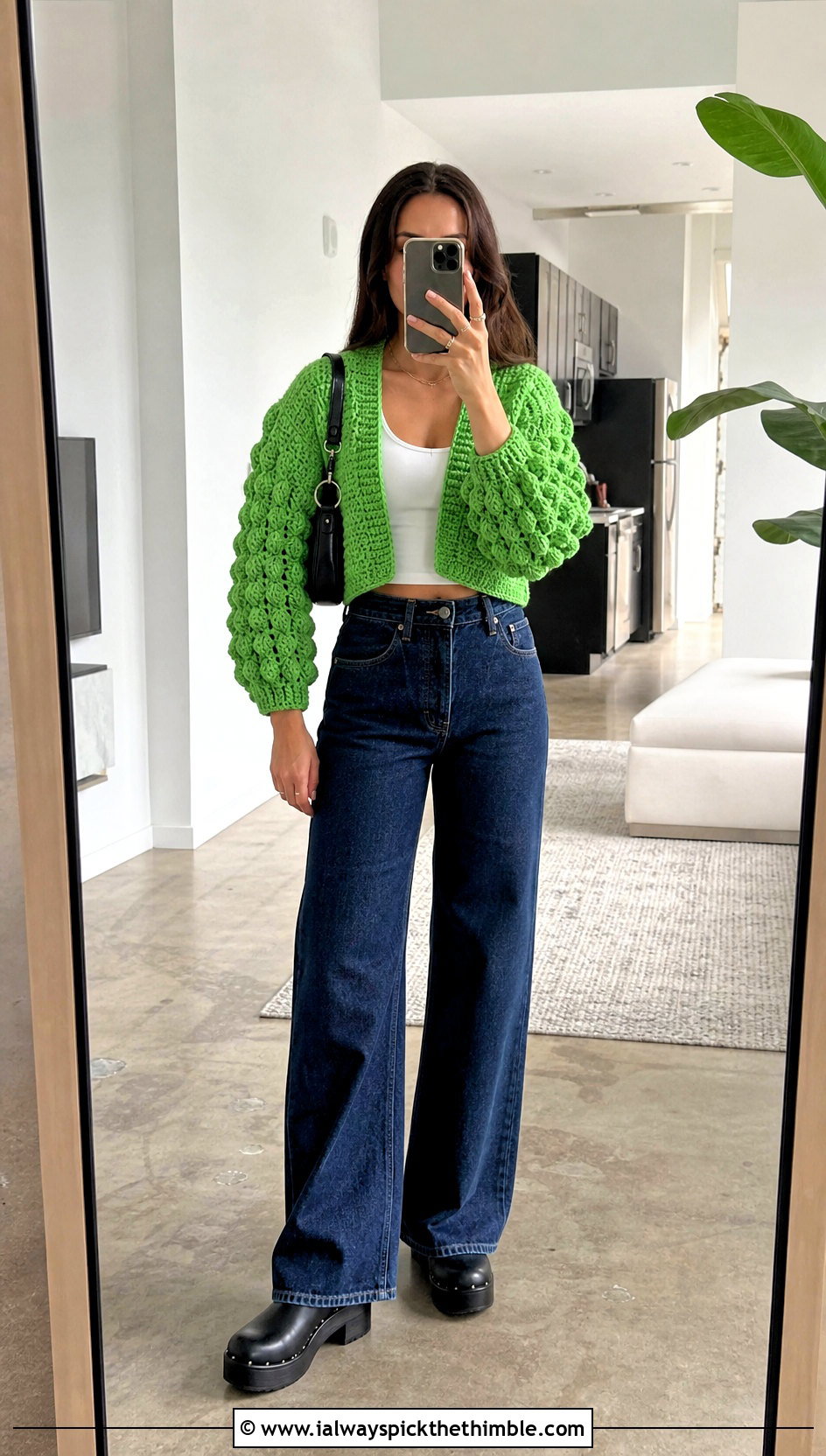 Cropped Crochet Coat With Wide Leg Jeans - 20 crochet coat ideas