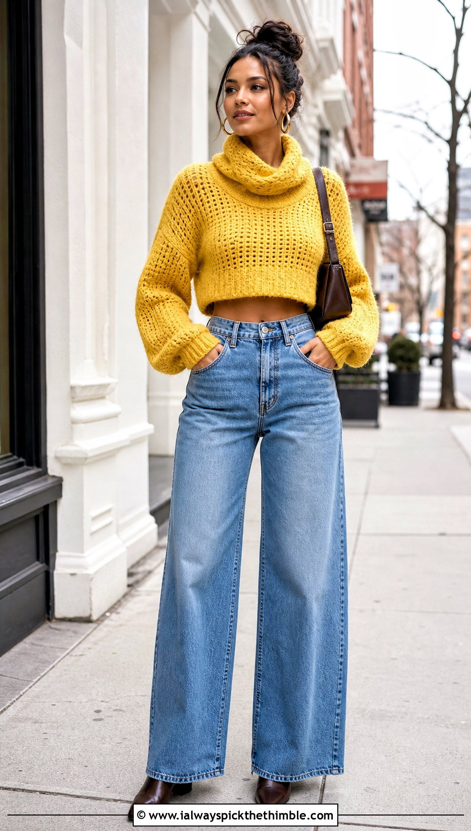 Cropped Crochet Cowl Neck Sweater With Wide Leg Jeans - 20 Crochet Cowl Neck Sweater outfit ideas