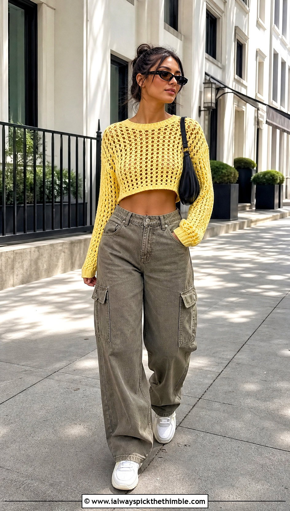 Cropped Crochet Crewneck Sweater With Cargo Pants - 20 Crocheted Sweaters For Women outfit ideas