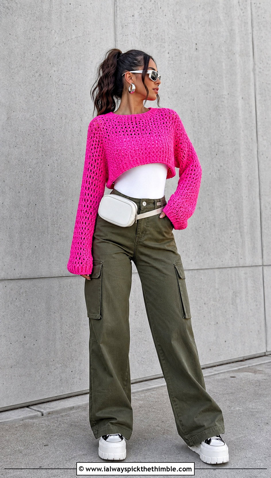 Cropped Crochet Crewneck Sweater With Cargo Pants - 20 crochet crewneck sweater outfit ideas