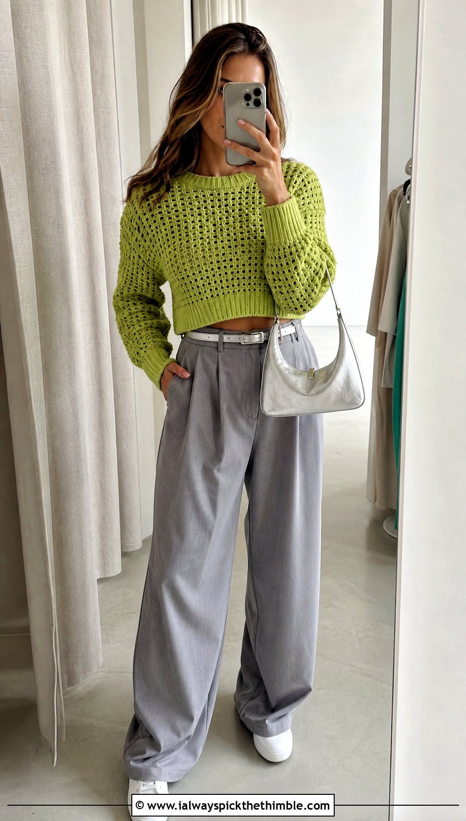 Cropped Crochet Crewneck Sweater With Pleated Pants - 25 crochet sweater design outfit ideas