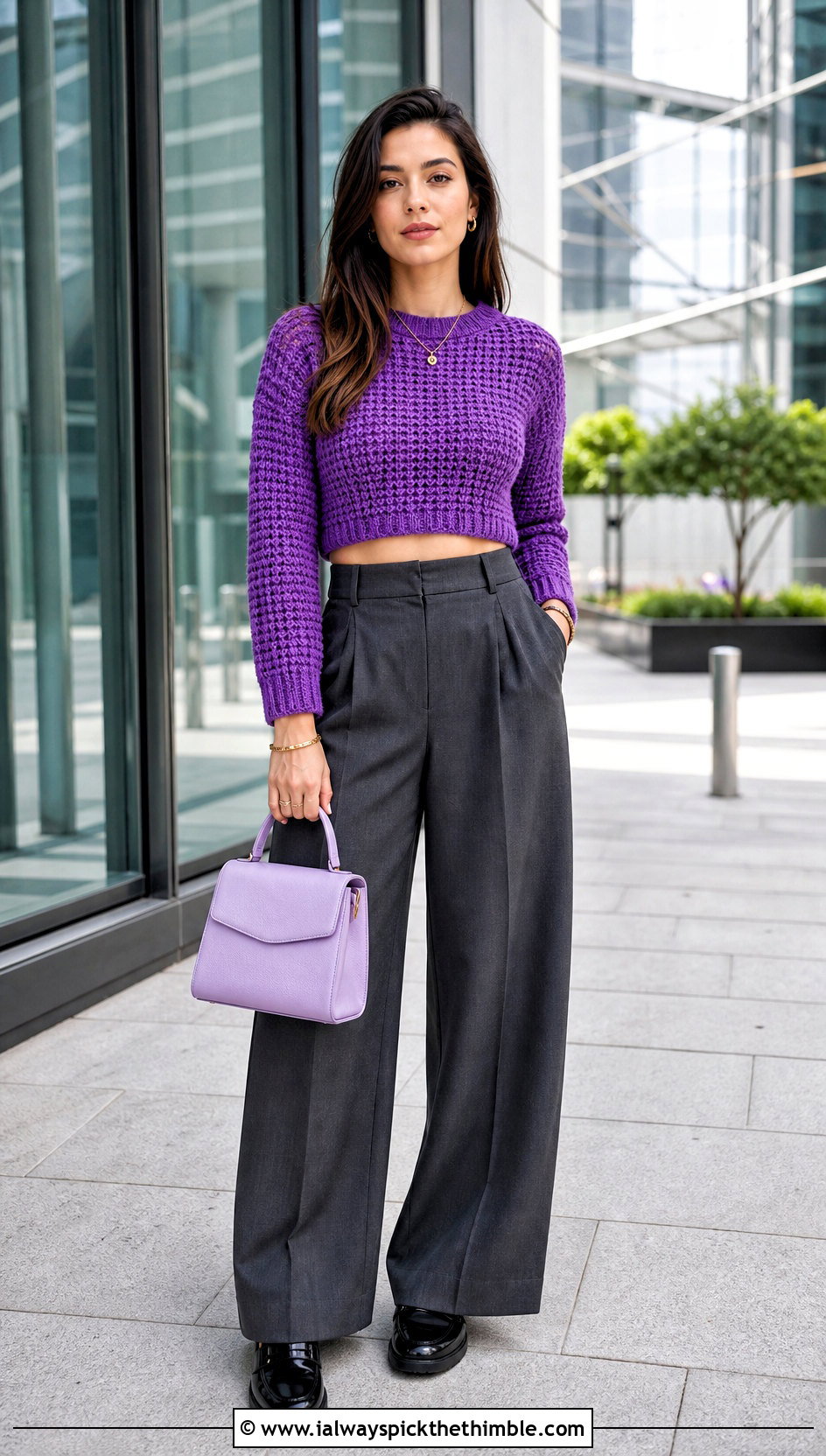 Cropped Crochet Crewneck Sweater With Tailored Trousers - 25 cute crochet sweater outfit ideas