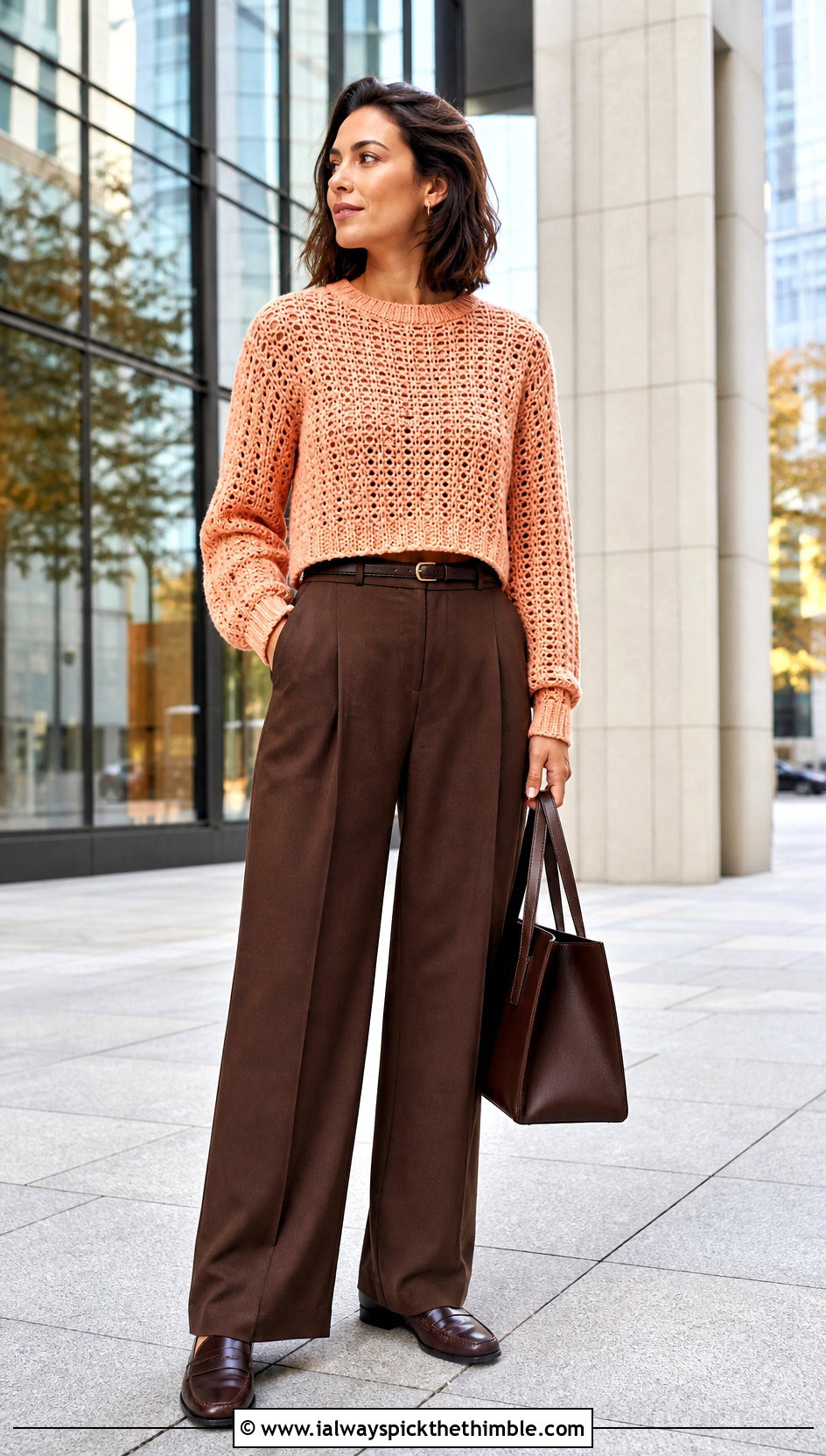 Cropped Crochet Crewneck Sweater With Wide Leg Trousers - 25 fall crochet sweater outfit ideas