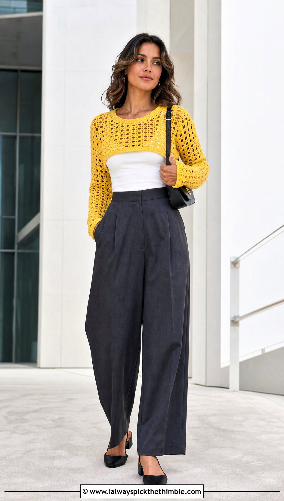 Cropped Crochet Crewneck With Wide Leg Trousers - 20 Comfy Crochet Sweater outfit ideas