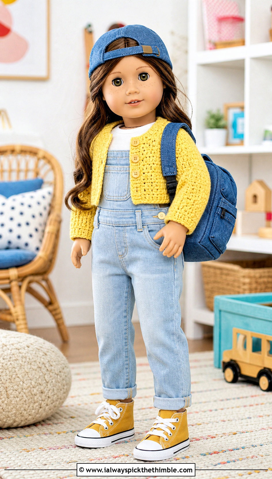 Cropped Crochet Doll Cardigan With Denim Overalls - 20 crochet doll jacket outfit ideas