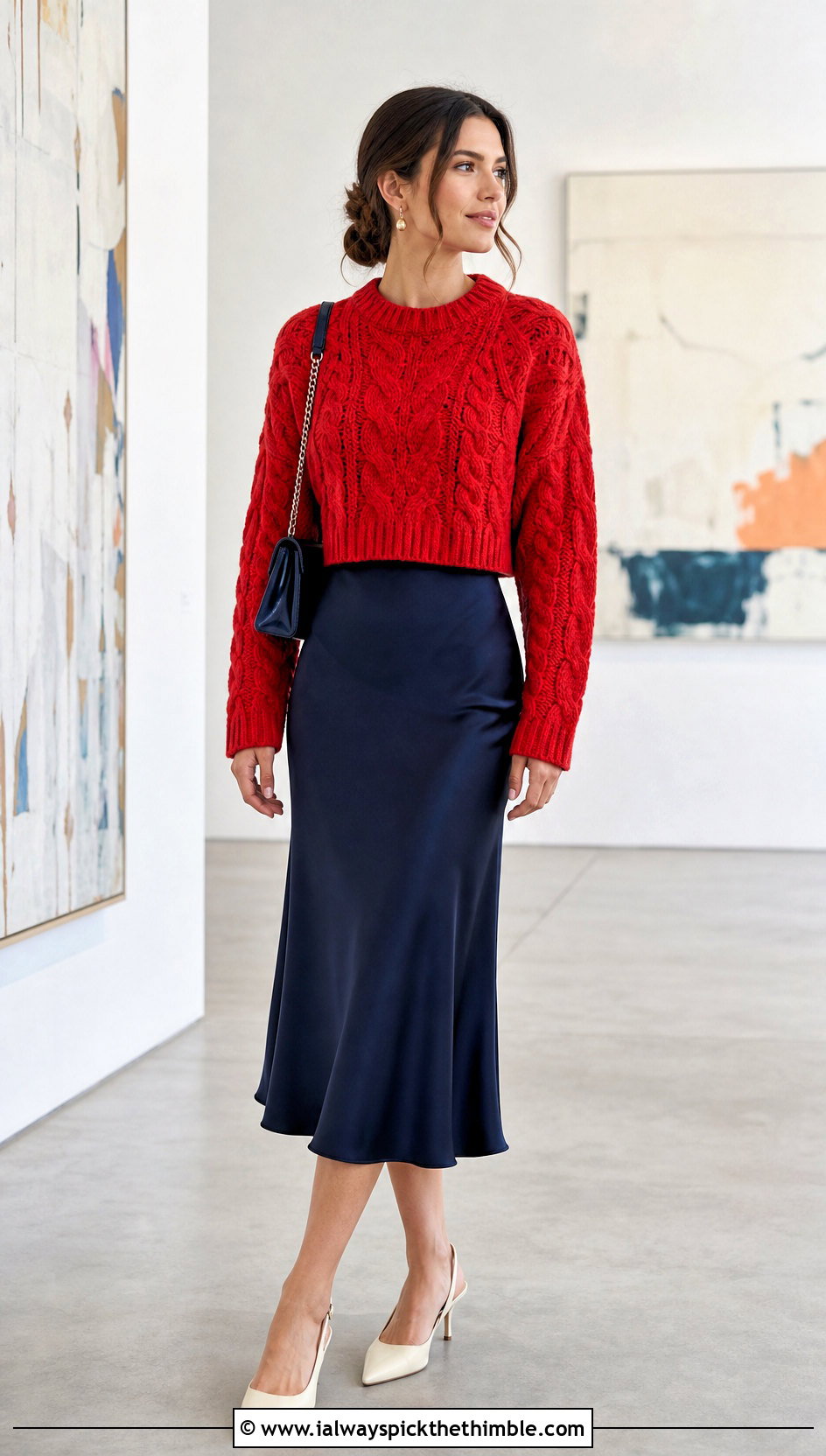 Cropped Crochet Fisherman Sweater With Satin Midi Skirt - 20 crochet fisherman sweater outfit ideas