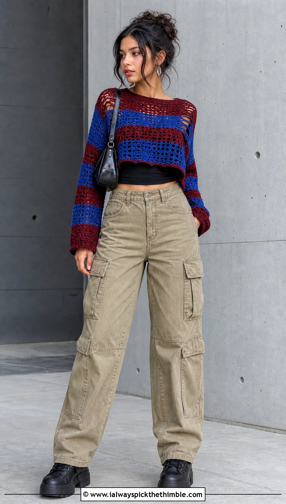 Cropped Crochet Freddy Krueger Sweater With Cargo Pants - 20 crochet freddy krueger sweater outfit ideas