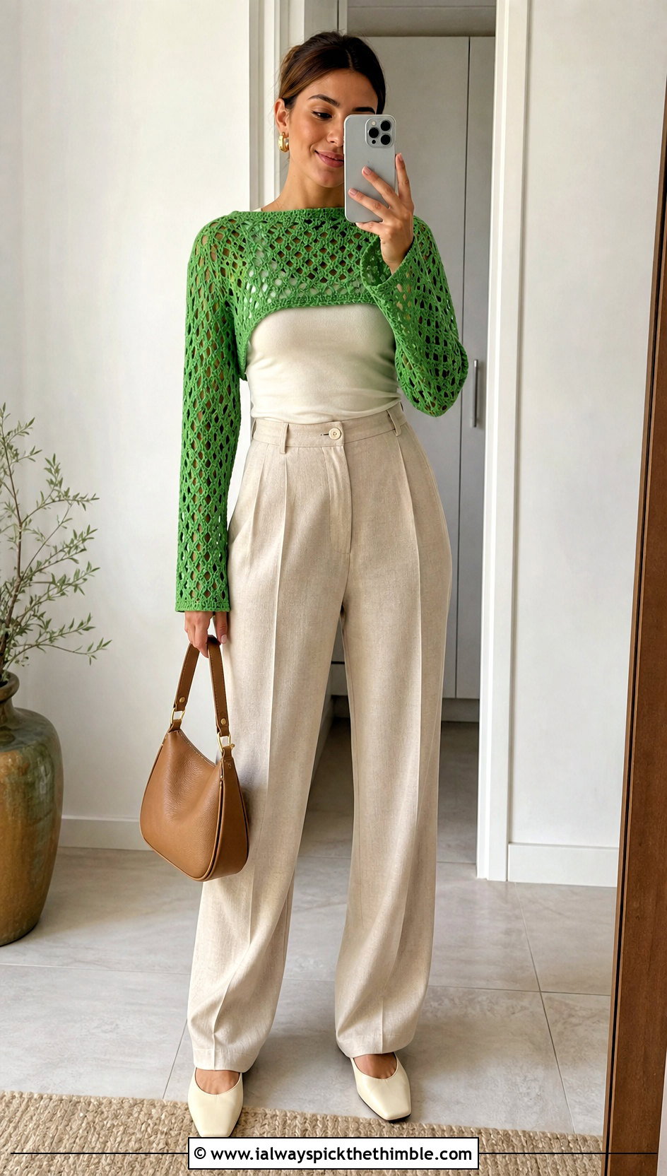 Cropped Crochet Full Sleeve Top With Pleated Pants - 25 crochet full sleeve top outfit ideas