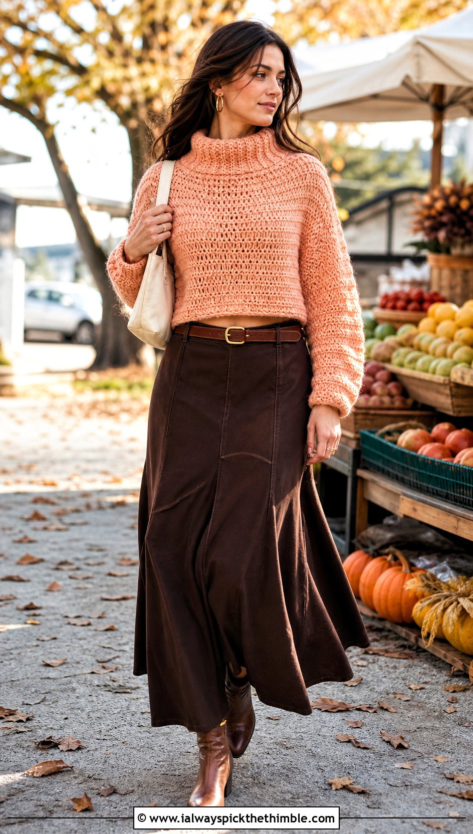 Cropped Crochet Funnel Neck Sweater With Maxi Skirt - 20 crochet high neck sweater outfit ideas