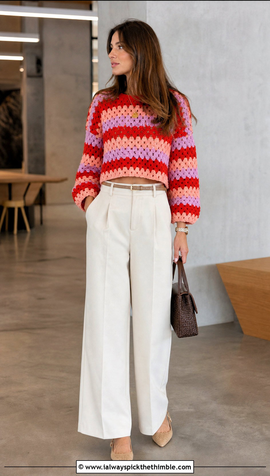 Cropped Crochet Granny Stripe Sweater With Wide Leg Trousers - 20 Crochet Granny Stripe Sweater outfit ideas