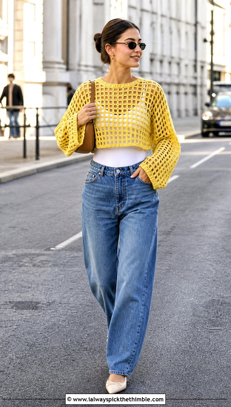 Cropped Crochet Grid Sweater With Barrel Jeans - 20 crochet grid sweater outfit ideas