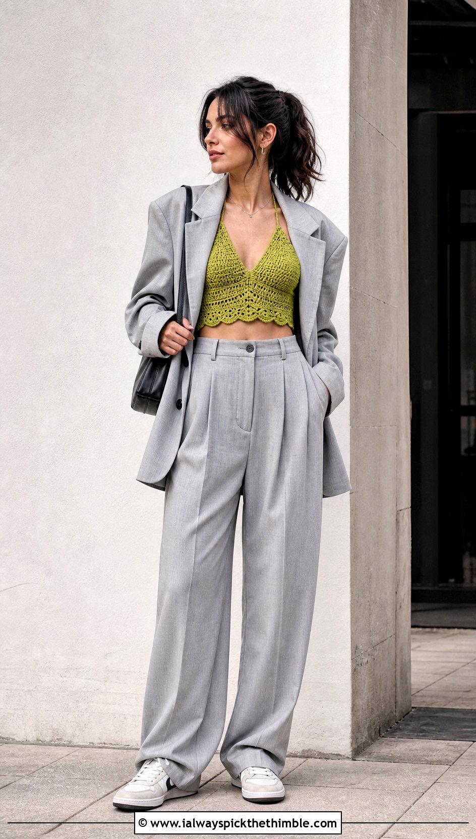 Cropped Crochet Halter With Oversized Suit - 25 crochet halter outfit ideas