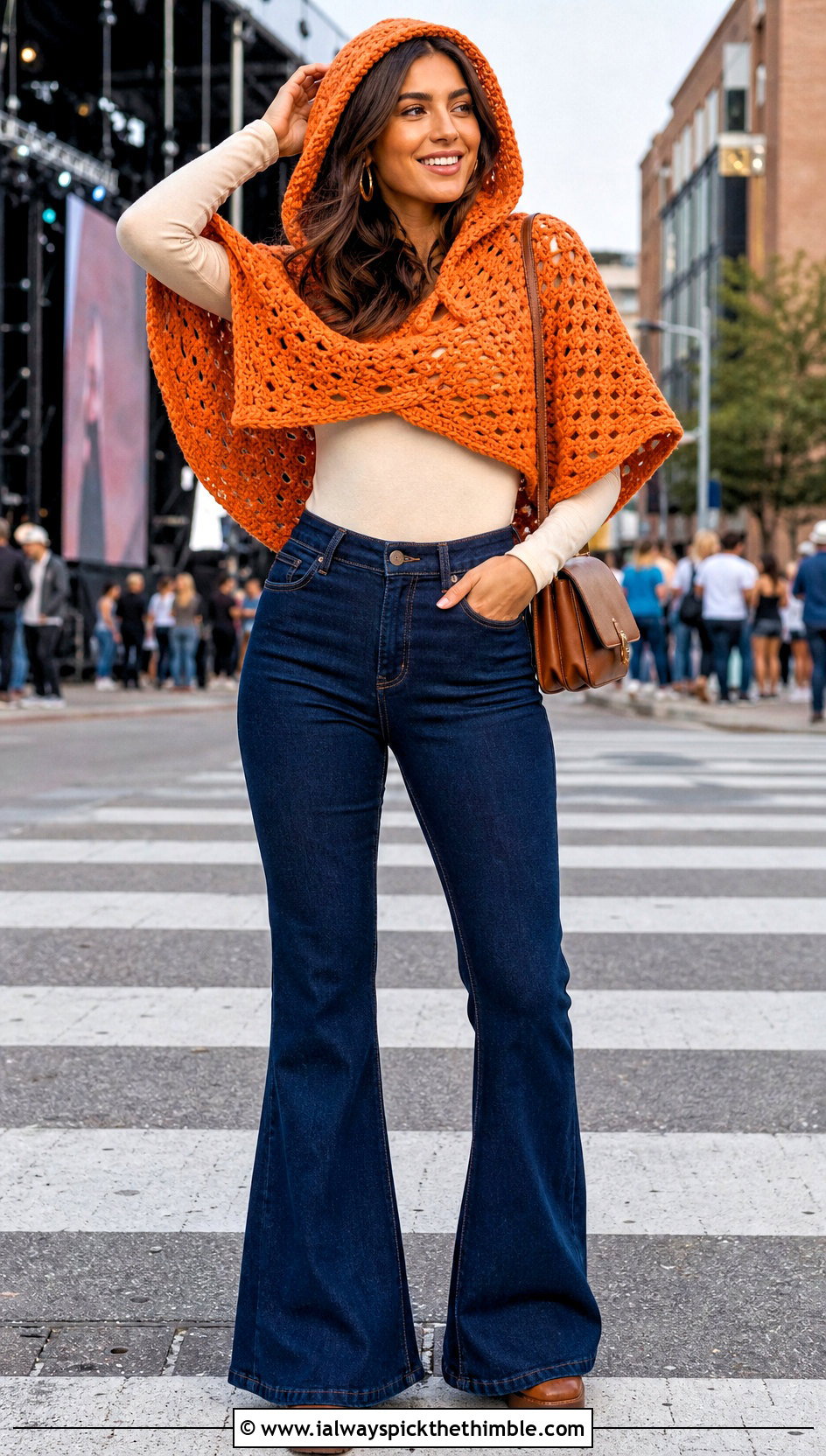 Cropped Crochet Hooded Poncho With Flared Jeans - 25 Crochet Hooded Poncho outfit ideas
