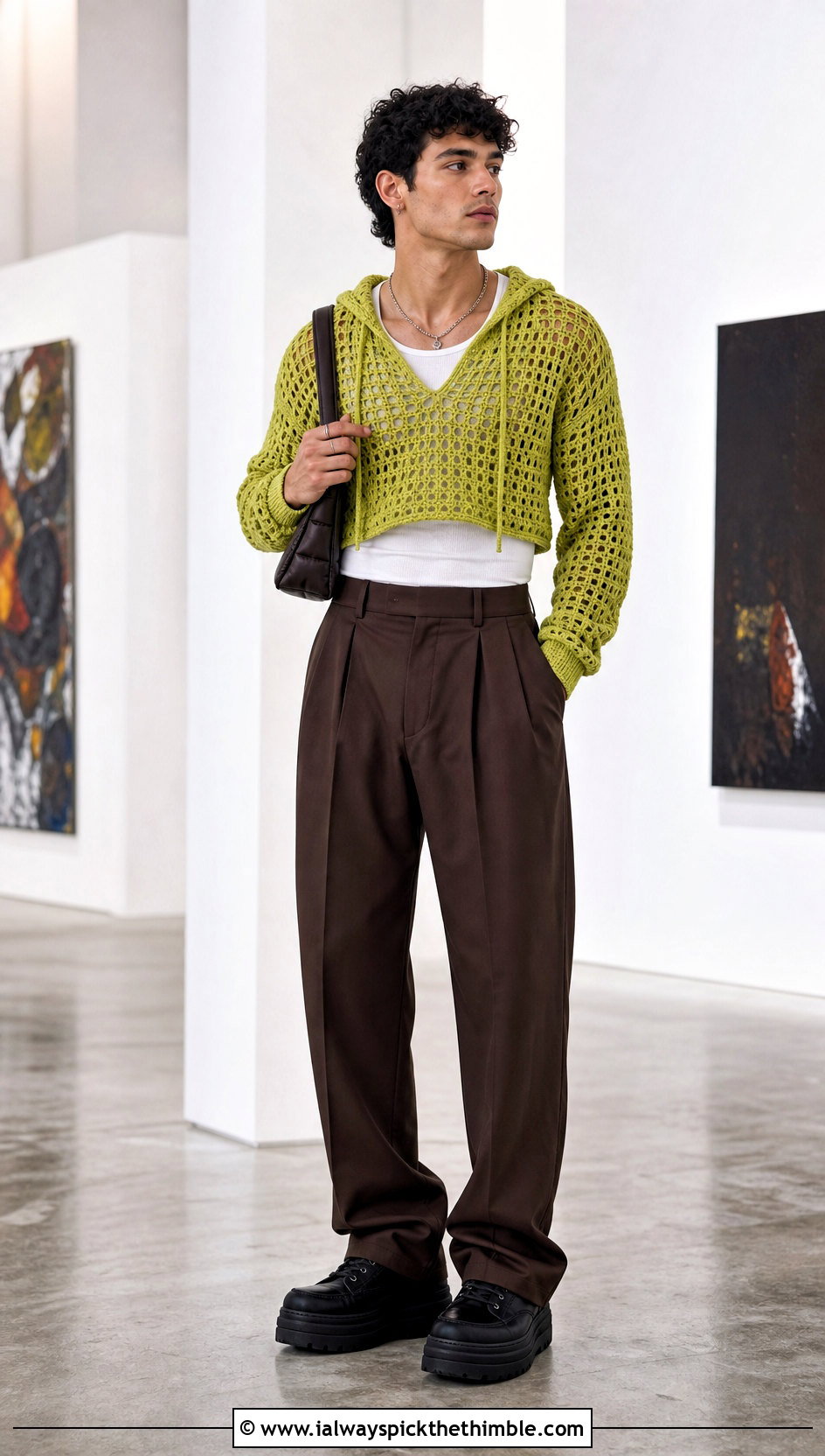 Cropped Crochet Hoodie With High Waisted Trousers - 25 crochet hoodie for men outfit ideas