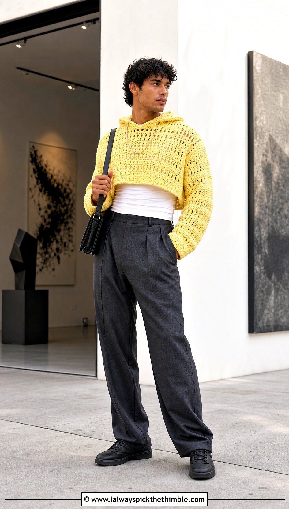 Cropped Crochet Hoodie With Pleated Pants - 20 Crochet Hoodie Men outfit ideas