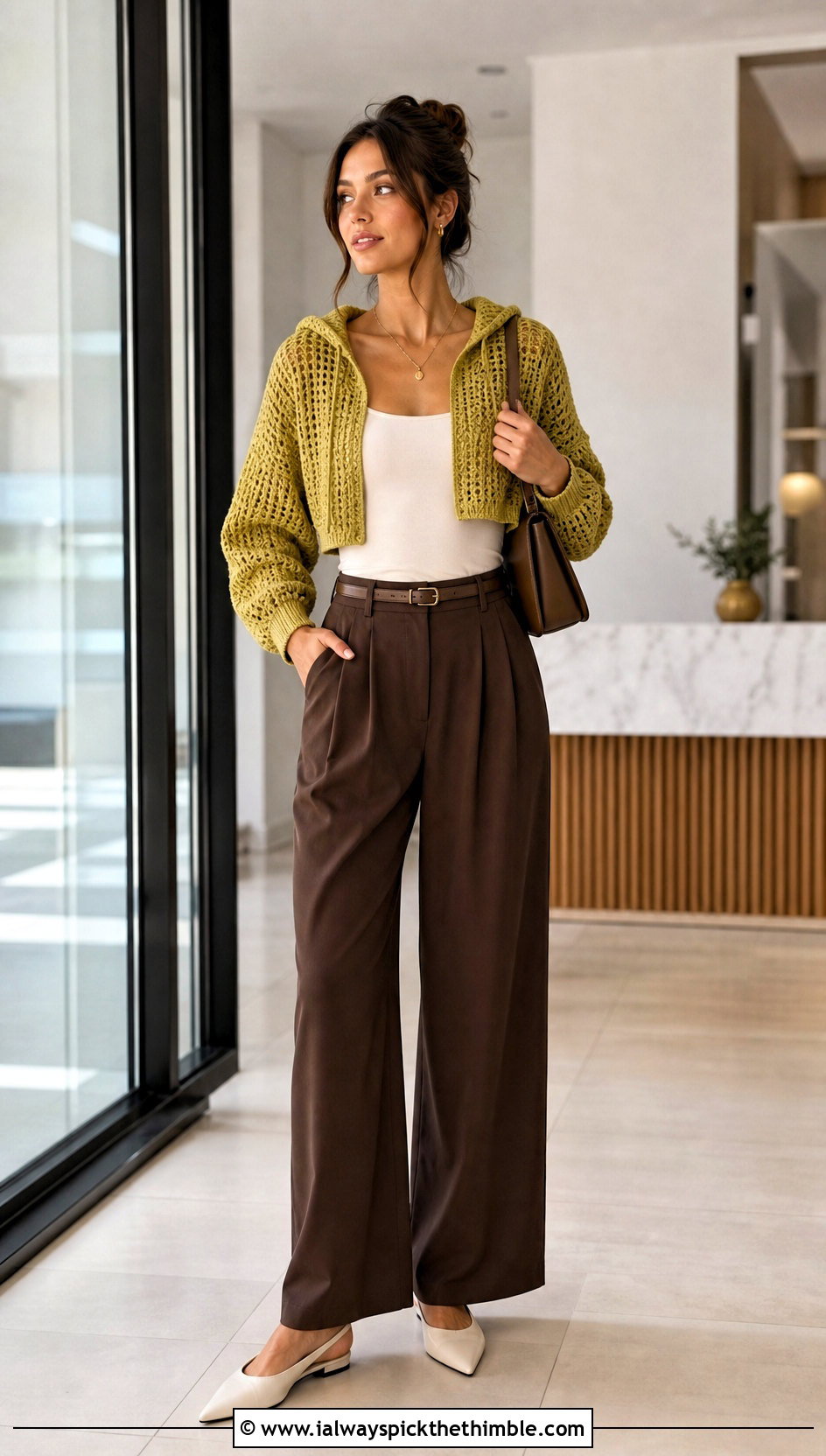 Cropped Crochet Hoodie With Wide Leg Trousers - 25 crochet hoodie outfit ideas