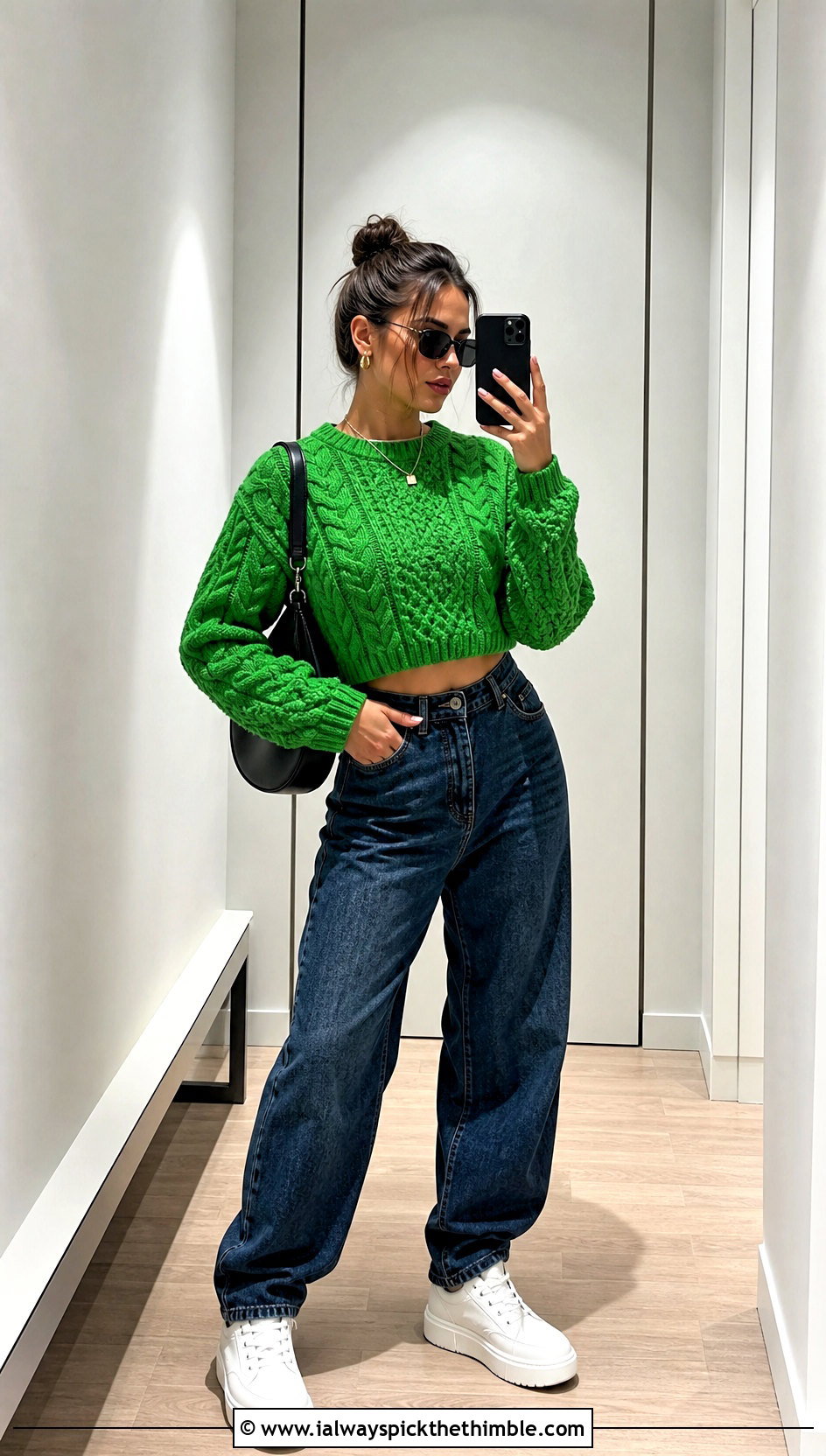 Cropped Crochet Irish Sweater With High Waisted Jeans - 20 Crochet Irish Sweater outfit ideas