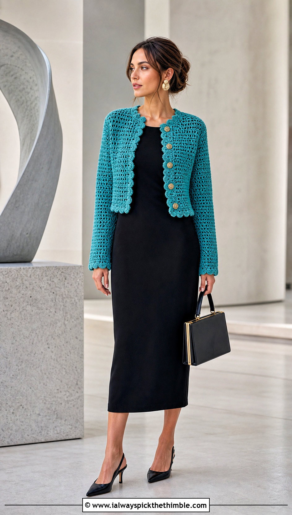 Cropped Crochet Jacket With Column Dress - 25 whimsical crochet clothes and outfit ideas