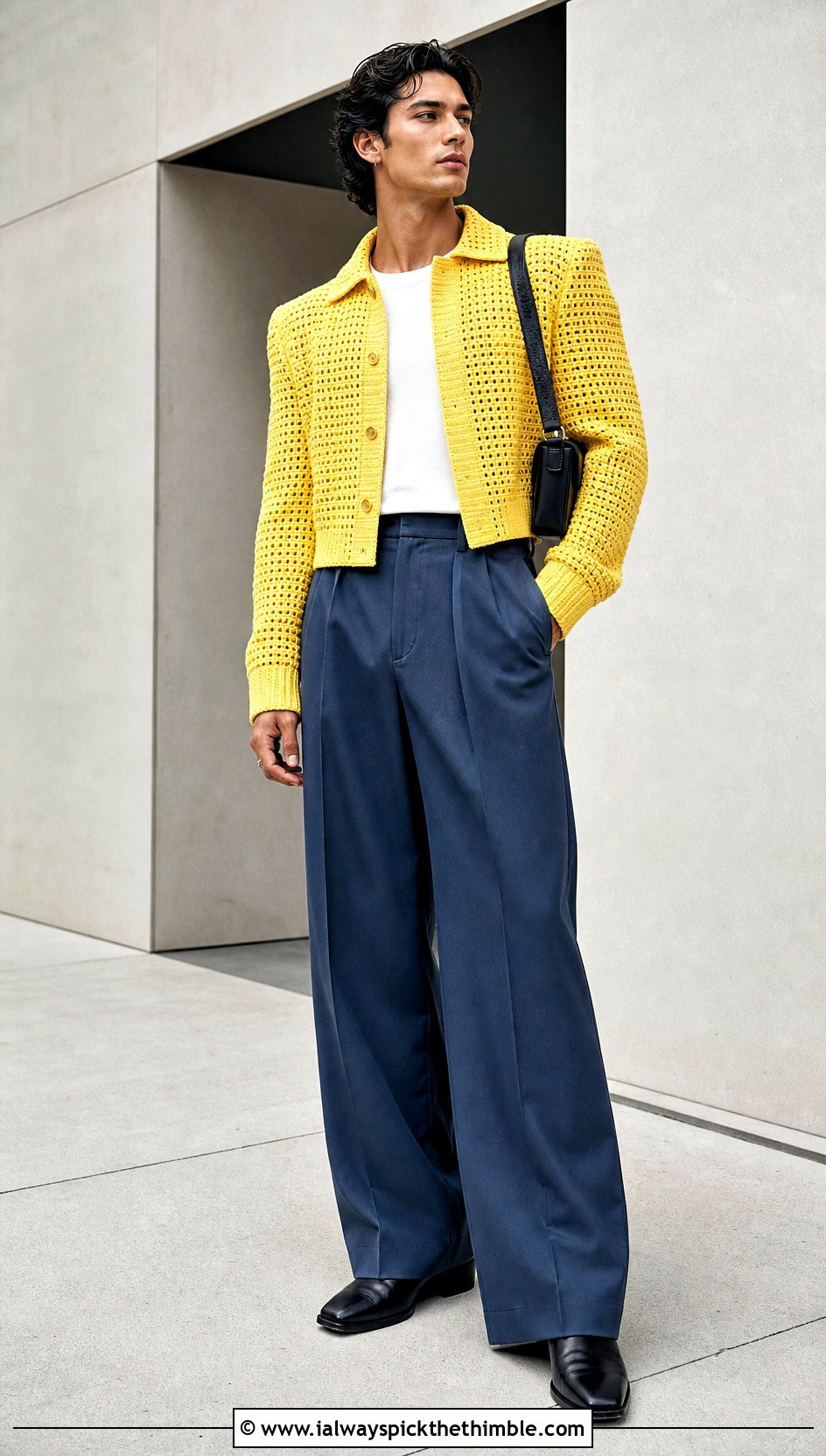Cropped Crochet Jacket With High Waisted Trousers - 25 crochet jacket for men outfit ideas