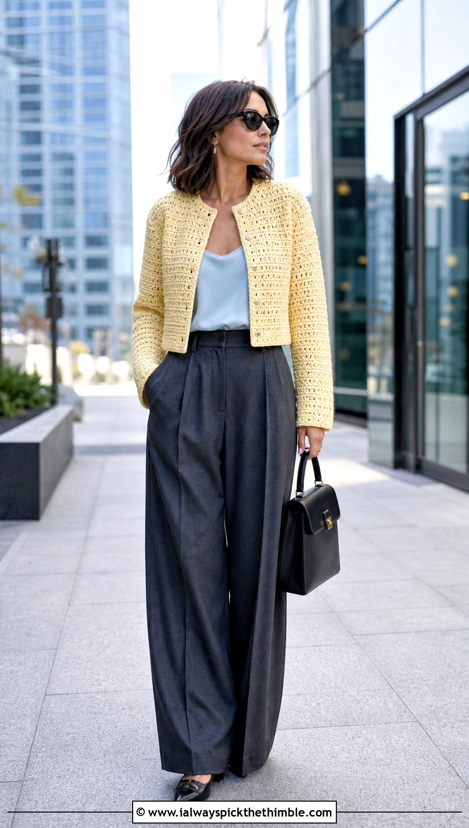 Cropped Crochet Jacket With Wide Leg Trousers - 25 crochet coats & jackets outfit ideas