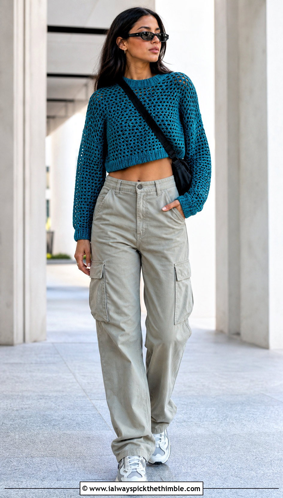Cropped Crochet Jumper With Cargo Pants - 20 Cute Crochet Jumper outfit ideas