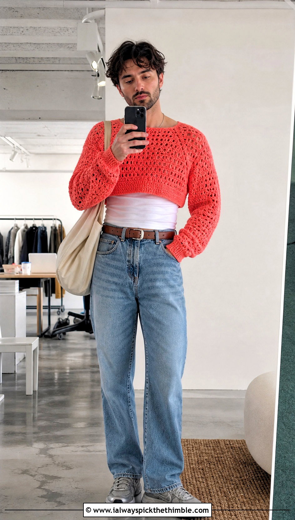 Cropped Crochet Jumper With High Waisted Jeans - 20 mens crochet jumper outfit ideas