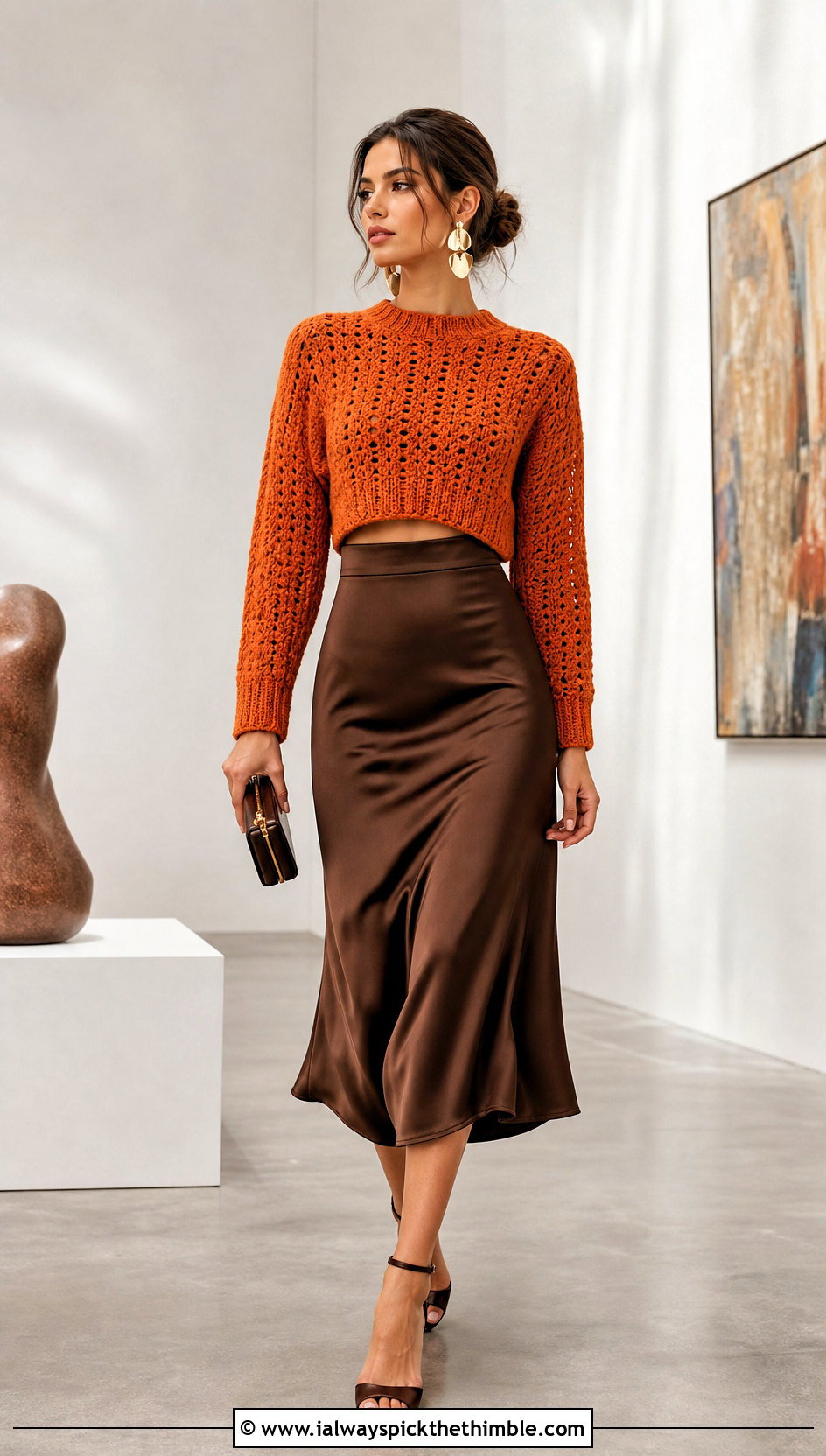 Cropped Crochet Jumper With Satin Midi Skirt - 15 Ladies Crochet Jumper outfit ideas