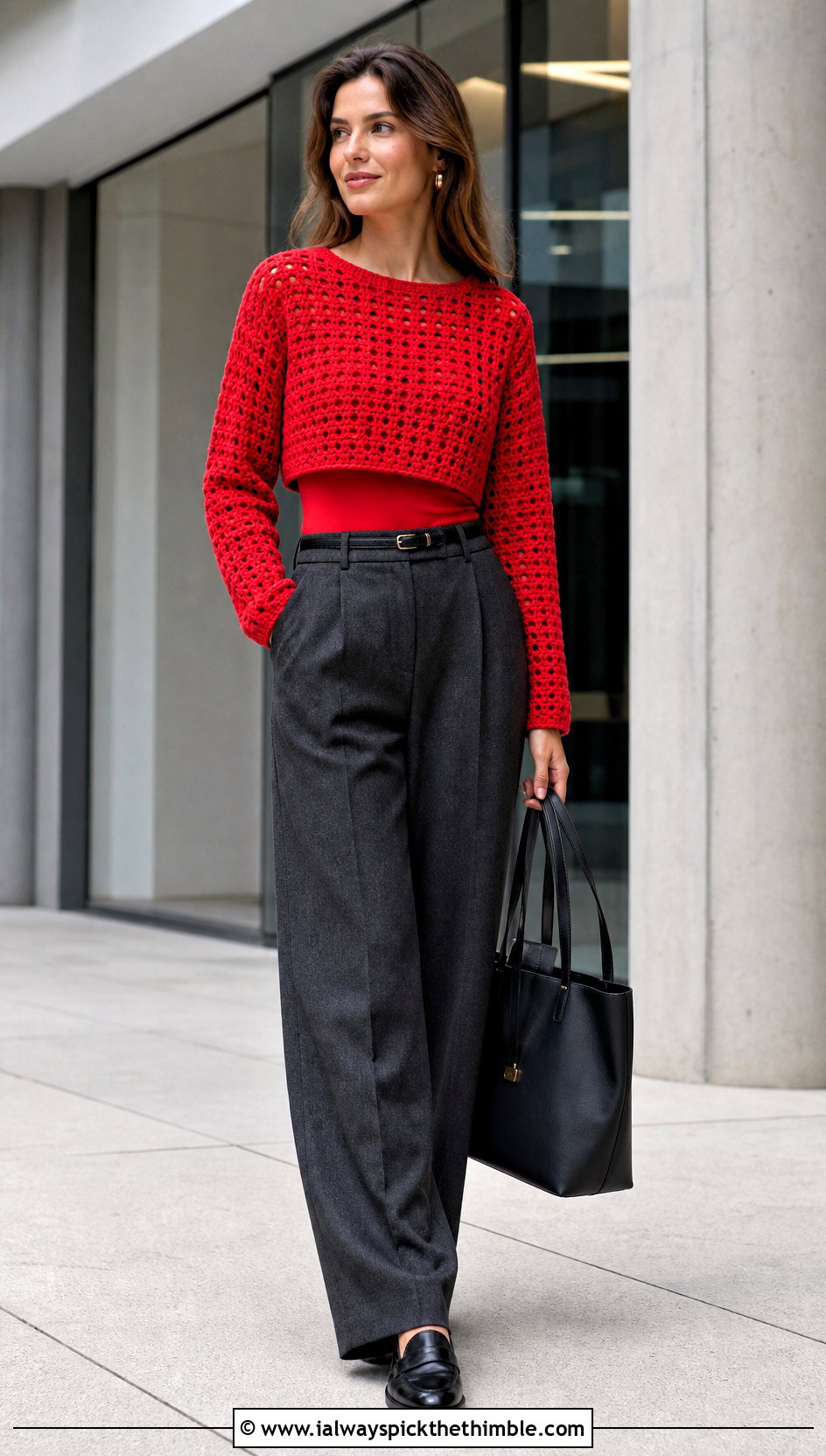Cropped Crochet Jumper With Wide Leg Trousers - 20 crochet jumper for women outfit ideas