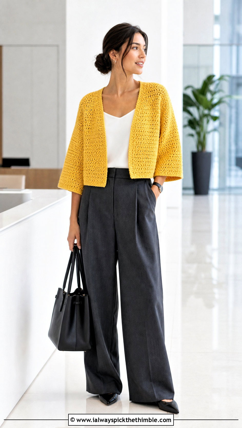 Cropped Crochet Kimono With Wide Leg Trousers - 20 easy crochet kimono outfit ideas