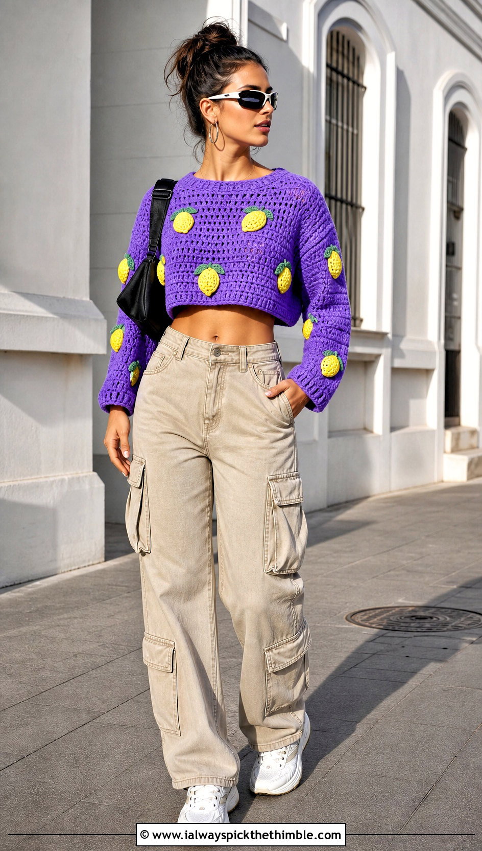 Cropped Crochet Lemon Sweater With Cargo Pants - 20 Crochet Lemon Sweater outfit ideas