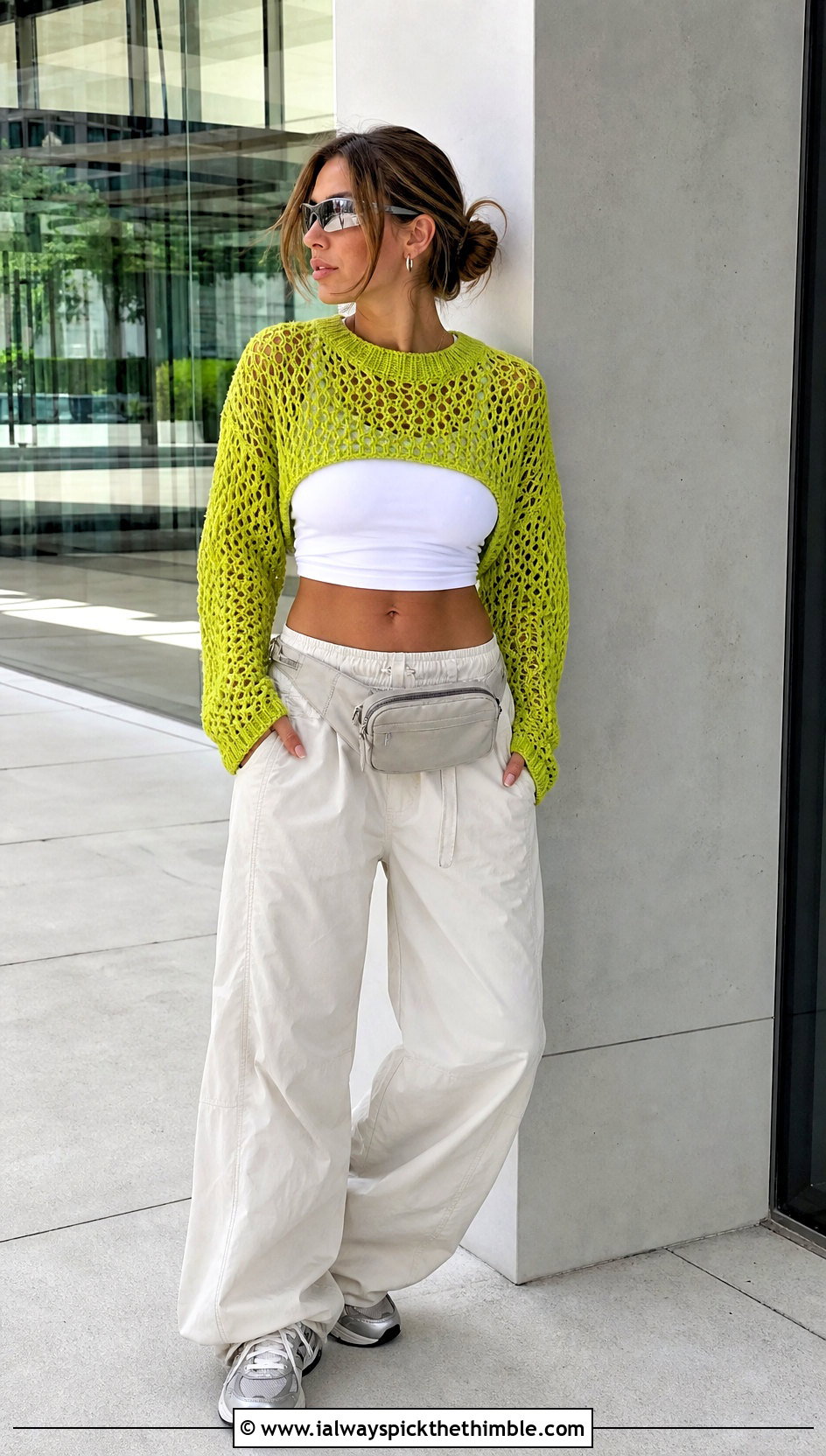 Cropped Crochet Long Sleeve Top With Parachute Pants - 20 long sleeve crochet top outfit ideas