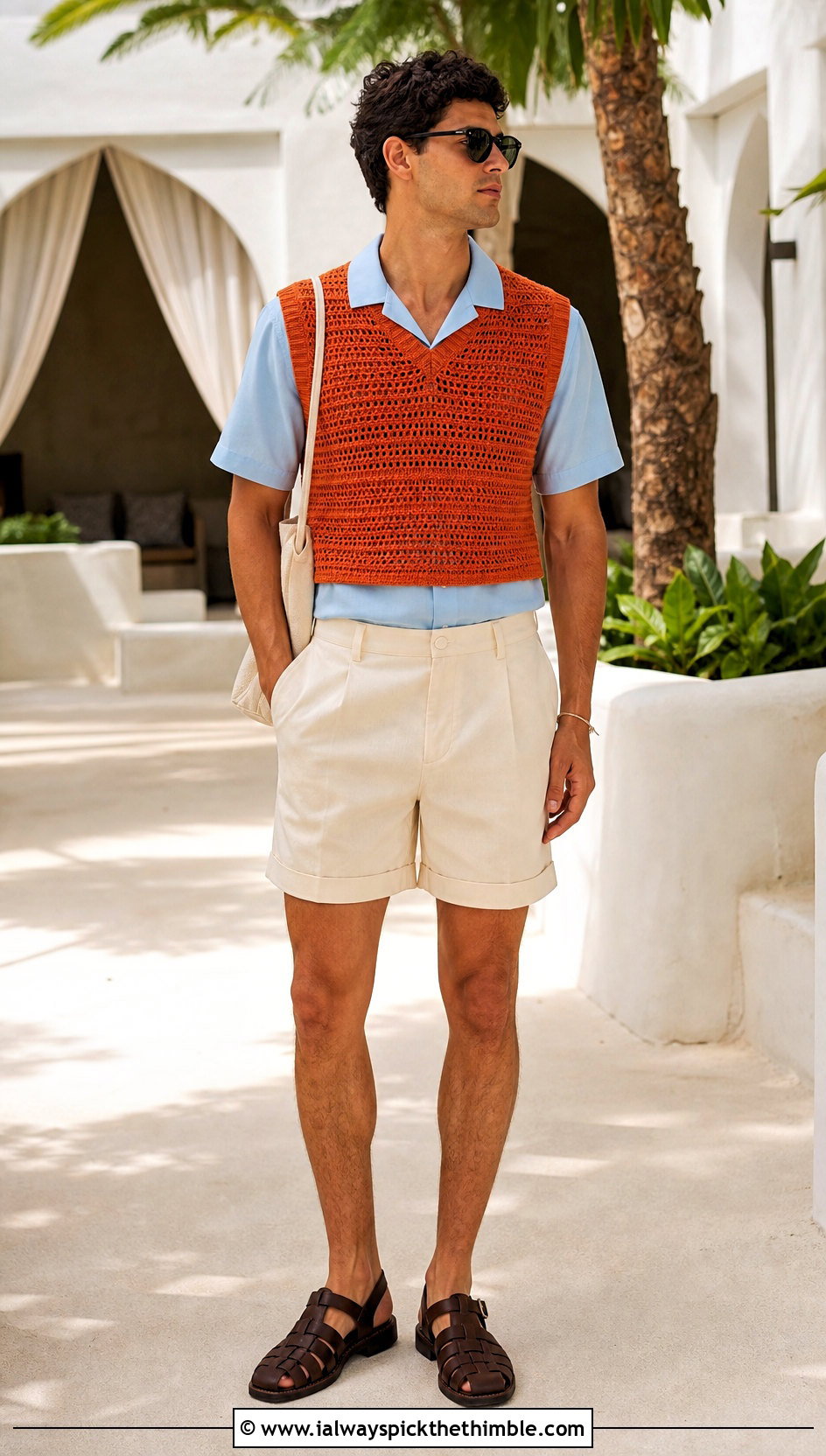 Cropped Crochet Mens Sweater Vest With Camp Collar Shirt And Pleated Shorts - 20 crochet mens sweater vest outfit ideas