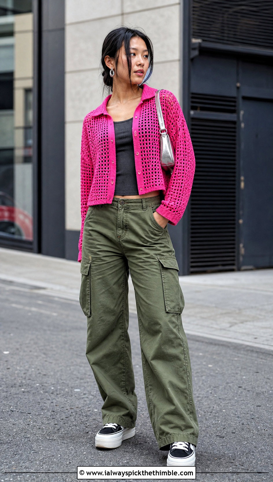 Cropped Crochet Mesh Shirt With Cargo Pants - 20 crochet mesh shirt outfit ideas